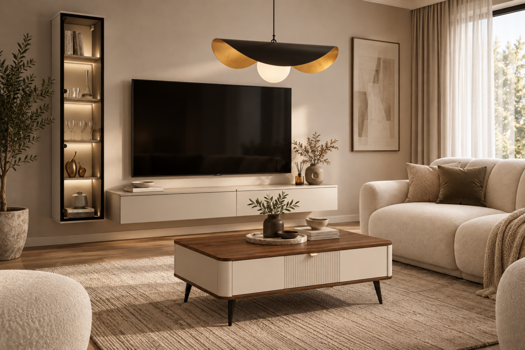 Elegancki salon w ciepłych neutralach