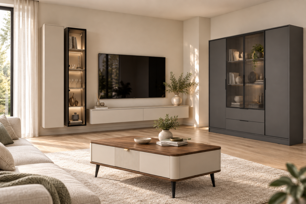 Elegancki salon z kaszmirową zabudową i witryną