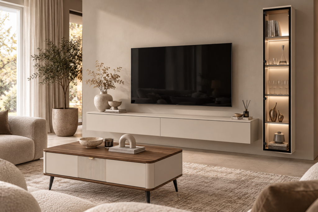 Elegancki salon z podświetlaną witryną