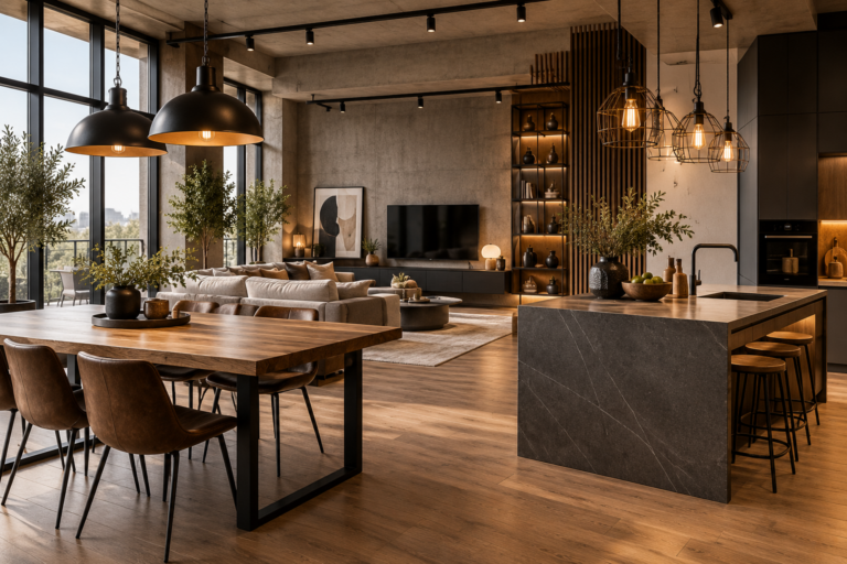 Przytulny loft industrialny z kuchnią i salonem